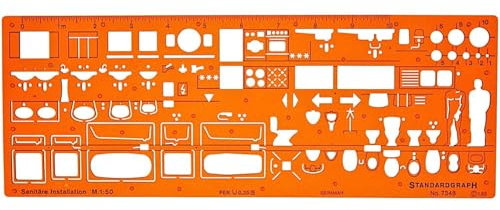 Standardgraph 1:50 Sanitär Schablone - Sanitärtechnik Designsymbole für Architekten und Ingenieure - Transparente Kunststoff Schablone für präzise Innenarchitekturpläne