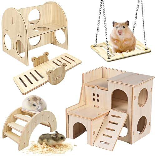 BAIFULAI 5-teiliges Hamster Zubehör: Hamsterhaus, Hamster Spielzeug, Hamsterkäfig Zubehör für Hamster, Rennmäuse, Zwerghamster, Chinchillas