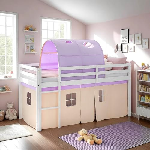 Homestyle4u Hochbett 90x200 Lila Kinderbett mit Rausfallschutz Vorhang Bett Kiefer massiv Betttunnel Lattenrost