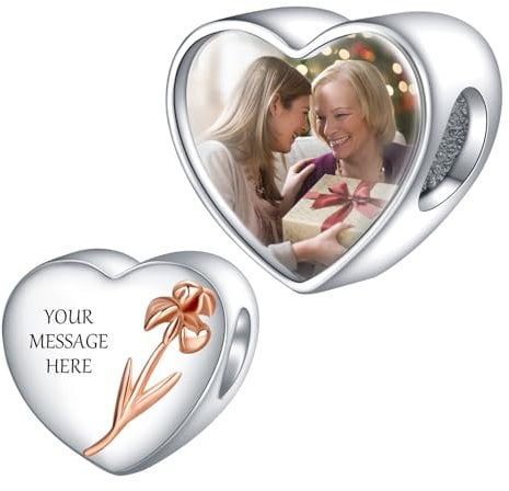 NINGAN Personalized Photo Charms Sterling Silver Birth Flower February Violet Beads Customize Picture Love Heart for Women Bracelets and Necklaces Gifts for Girls