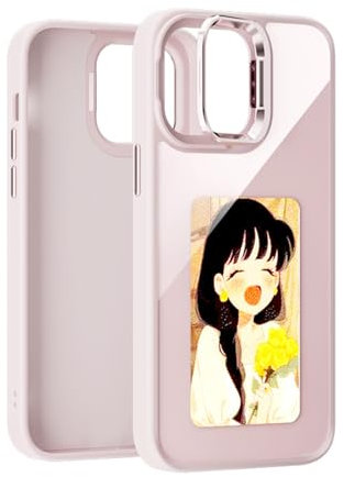 QSM E-Ink Bracket Phone Case for iPhone 13-15 Series,Photo Customiza NFC Ink Case Instantly Display Photos On Ink Screen Back Personalize Your Phone (Pink, for iPhone 15Pro Max(with Bracket))