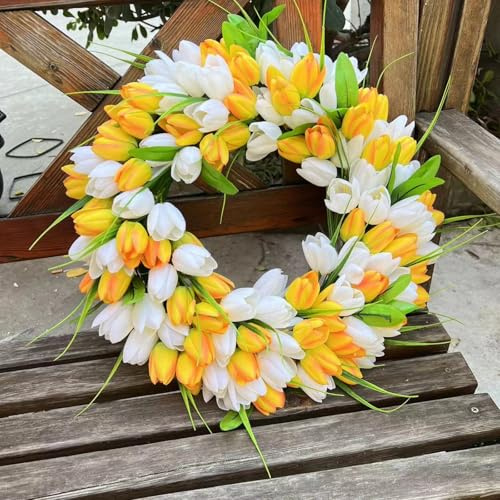 45 cm Künstliche Tulpenkränze, Tulpen Kranz Künstliche Tulpe Blumenkranz, Frühling Simulation Kranz, Blumenzweige, Blumen Frühlings Türkranz Kranz für Zuhause, Hochzeitsdekoration (Gold,45cm)