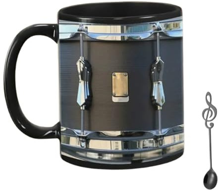 Peosaard Tasse de tambour noire britannique, tasse de café en céramique 11 oz en forme tambour avec cuillère en métal, unique et créative avec poignée, cadeaux musique pour batteur