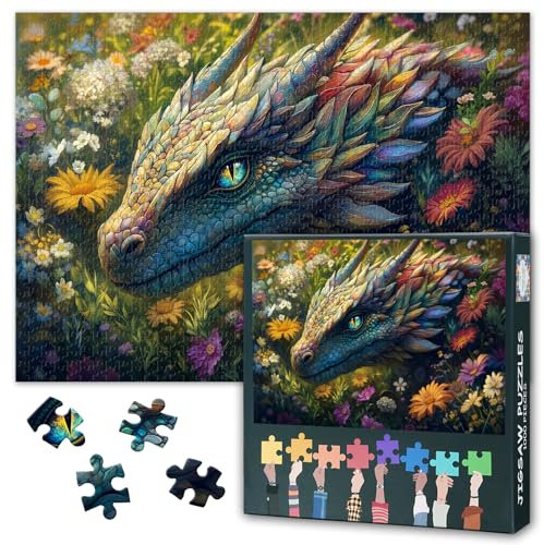 Jigsaw Puzzles 1000 Pieces for Adults Mythical Creatures Puzzle 1000 Pieces Dragons and Flowers Puzzle Teens Educational Toys Challenging Puzzles Suitable for Game Nights Size: 70x50cm