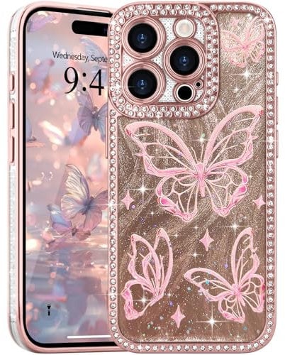 L-FADNUT Glitter Case for iPhone 15 Pro Max, Lovely Butterfly Pattern Bling Diamond Phone Case, Camera Protection Sparkly Slim Soft Silicone Back Cover for Women Girls for iPhone 15 Pro Max, Pink