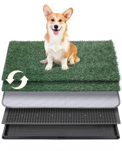 Petcozife Dog Grass Pee Pad with Tray,63.5x51cm Puppy Potty Training Toilet | 2pcs Artificial Grass Patch, Indoor Dog Litter Tray with Reusable Mat, for Balcony Apartment, Washable, Less Odor, M