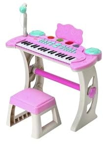 Chad Valley Girl's & Boys Piano, Stool & Stand | Toy Keyboard | Functions Include Record & Playback, Animal Sounds & Light Effects | Includes 23cm Stool and 55cm Stand | Ages 3+ (Pink)