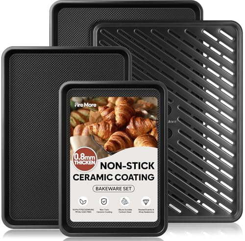 4 Pack Baking Trays Non Stick, Carbon Steel Cookie Sheets for Baking with Wire Rack, Cooling Racks for Cooking and Baking, 0.8mm Thick Ceramic Half/Quarter/Jelly Roll Baking Sheet Pan Set for Oven