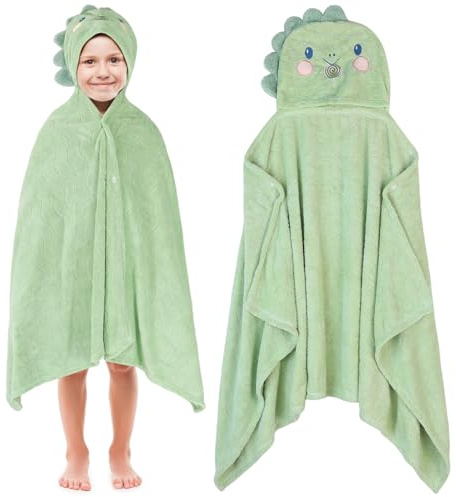 saerryor Green Dino Hooded Towel for Kids 55 x 27 in | Large Poncho Towel with Snap Button Soft Absorbent Beach Swimming Wrap for Boys Girls