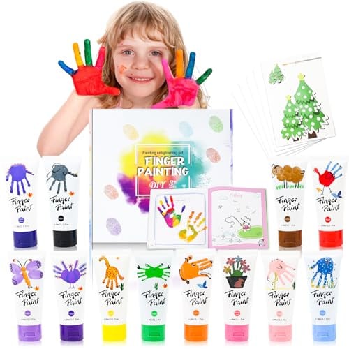 Pintura de Dedos para Niños, 12 Colores x 60ml Lavable Juego de Pinturas para Niños con Libro para Colorear No Tóxicas para Niños Infantes de 1, 2, 3, 4, 5 Escuela Jardín Aprendizaje Temprano