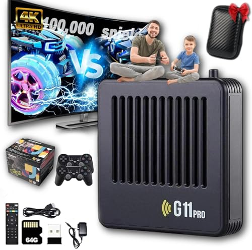 Retrowave G11 Pro, 2025 G11 Pro Konsole 100000 Spiele 4k, Retro Spielekonsole, Plug & Play Video Games with 4 Wireless Dual Controllers (64G,2 Controllers)