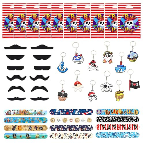 Eymobad Lot de 146 petits cadeaux de fête de pirate, costume de pirate, décoration pour enfants avec porte-clés, bracelet à boucle, sac cadeau, pièces d'or pour carnaval, Halloween, garçon et fille