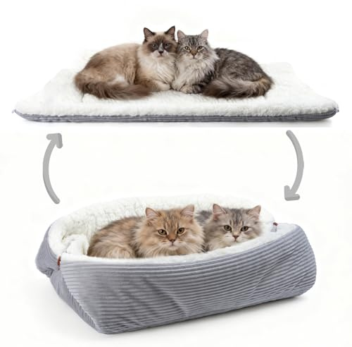 MAIYADUO Self Warming Cat Beds for Large Cats and Small Dogs - 60x45 cm Washable Reversible Convertible Cat Beds for Indoor Cats, Soft Plush Pet Sleeping Bed Cushion Blankets - Unfolded Size 91x71cm