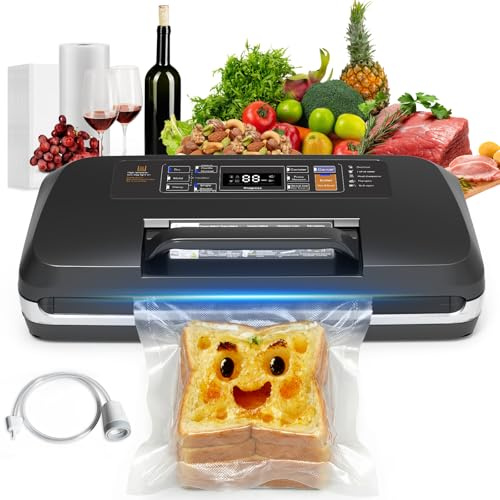 95KPa Powerful Vacuum Sealer Machine, 12-in-1 High-Speed Food Sealer, Dry&Moist Modes Smart Suction Vacuum Machine, Built-in Cutter, Easy-Lock Handle, Double Heat Seal, 1 Roll&10 Bags