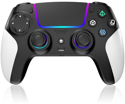 Reddening pour Manette PS5/Pro/PC/MAC/iOS/Android/Steam Deck, Manette de jeu avec éclairage RGB Couleur/Joystick Effect Hall/Double Vibration/Turbo/Batterie 1500 mAh/Prise Casque(Noir et blanc)