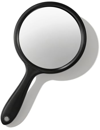 Xinjoduz Miroir à main double face 21 x 11,5 cm - Petit miroir cosmétique avec grossissement x/2x et poignée - Miroir de voyage portable pour un maquillage précis en déplacement (noir transparent)