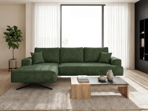 GRAINGOLD Leto Ecksofa 260x165 cm, L-Form Sofa, Ecksofa für Wohnzimmer, Velours-Stoff, 3-Sitzer Eckcouch, Modernes Design (Grün, Links)