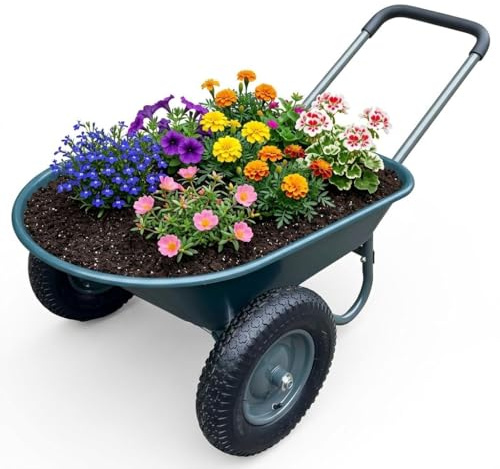 Aptliton Brouette De Jardin à 2 Roues, Chariot Utilitaire Fer Et Plastique 124x66x62,5 cm, Bac Plastique Renforcé Antirouille, Pneus Pneumatiques Jantes Métal, Multicolore Vert Armée Gris Rouge Jaune