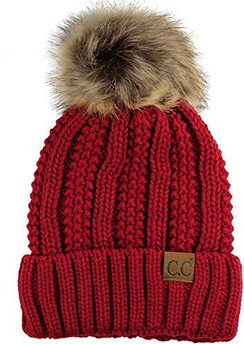 C.C Dicke Zopfstrickmütze mit flauschigem Kunstfell-Pom, Fleece-Futter, Totenkopf-Mütze, Manschette, Rot/Ausflug, einfarbig (Getaway Solids), Einheitsgröße