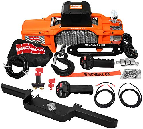 WINCHMAX 13,500lb (6,123kg) SL Series Original Orange 12v Electric Winch. 28m x 11mm Dyneema Synthetic Rope. Competition Hook. Bumper Compatible with Defender.