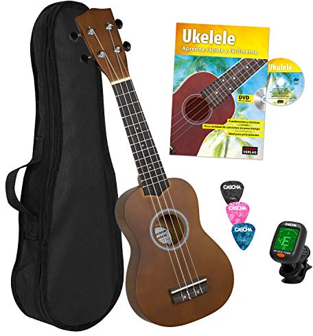 Cascha Sopran Ukulele Set I Ukulele Starter Kit mit 3 Plektren Tasche Stimmgerät & spanischem Lehrbuch I Sopran Ukulele Mahagoni I Kleine Hawaii Gitarre für Anfänger & Fortgeschrittene