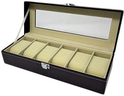 Black Faux Leather Watch Case Bracelet Jewellery Display Storage Box Tray Organiser (6 Slot)