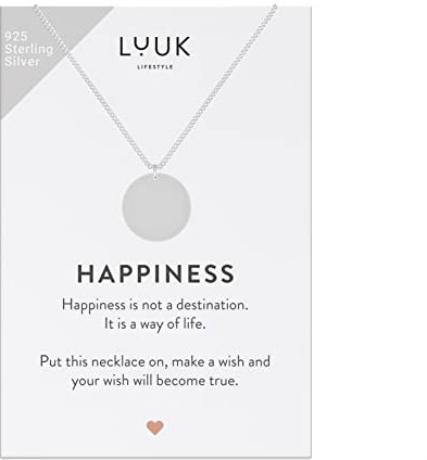 LUUK LIFESTYLE Halskette aus 925er Sterling Silber mit Kreis | Coin Anhänger, HAPPINESS Geschenkkarte, dezenter und schicker Stil, schlichte runde Form, Silber