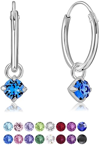 DTPsilver® KLEINE Creolen Ohrringe 925 Sterling Silber mit 3 mm Baumelnde Swarovski® Elements Kristall - Mädchen - Dicke 1.5 mm - Durchmesser 14 mm - Farbe : Blauer Saphir