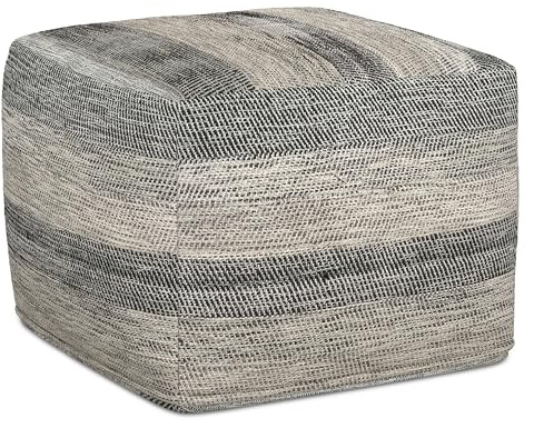 SIMPLIHOME Clay Square Pouf - 18 inch Wide Upholstered Cotton Ottoman in Grey Melange, Boho Footstool, Decorative Cube Pouf or Extra Seating for Living Room, Bedroom, or Kids Room, Assembled