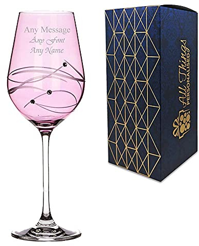 Personalised Engraved 350ml/11.8floz Pink Wine Glass with Spiral Cut Design and Diamante Finish - Comes in Gift Box Ready for Presentation to Recipient.