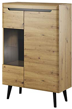 Vitrine NORDI Vitrinenschrank Standvitrine in Mit LED Beleuchtung (Artisan Eiche)