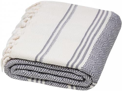 DEMMEX Strandtuch, Badetuch, 100% zertifizierte türkische Bio-Baumwolle, Pestemal, Hamamtuch, Saunatuch, Stranddecke, übergroß schnell trocknend sandfrei kompakt – vorgewaschen, 180x90cm, Dunkelgrau