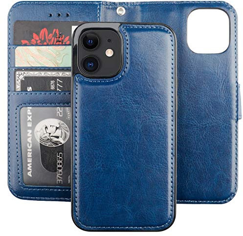 Bocasal Compatible with iPhone 12 Mini Wallet Case with Card Holder PU Leather Magnetic Detachable Kickstand Shockproof Wrist Strap Removable Flip Cover (Blue)