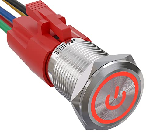 APIELE 16MM Verriegelung Druckschalter 12VDC 5A, Edelstahl mit LED Power Symbol wasserdicht Latch Drucktastenschalter mit vorverdrahtetem Stecker, Auto RV LKW Boot EIN/AUS Taste Schalter (Rot)