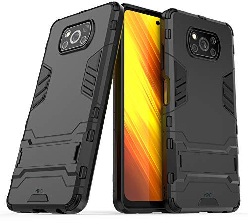 Hülle für Xiaomi Poco X3 NFC/Poco X3 Pro Standfunktion Handyhülle Stoßfeste Doppelschichter Schutzhülle Bumper Case Cover Outdoor Hardcase Shock Absorption mit Ständer (Xiaomi Poco X3, Schwarz)