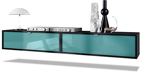 Vladon 2er-Set TV Board Lana 100, Made in Germany, Lowboards je 100 x 29 x 37 cm mit viel Stauraum, Korpus in Schwarz matt, Fronten in Petrol Hochglanz | Große Farbauswahl