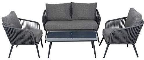 Azuma Teramo Garden Furniture Sofa Set String Seats Black Metal Frame Glass Table