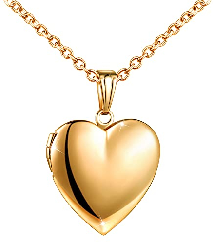 MicVivien Damen Kette Herz Medaillon Zum Öffnen für Bilder Edelstahl Foto Medaillon Aufklappbar Halskette mit Einfach/Love/doppeltes Herz Muster Herzanhänger Schmuck - Farbe Gold