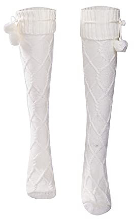ZZLBUF Women Knit Cotton Thigh High Boot Socks Over Knee High Fashion Twist Cable Crochet Long Socks Leg Warmers (Pompom White, One Size)