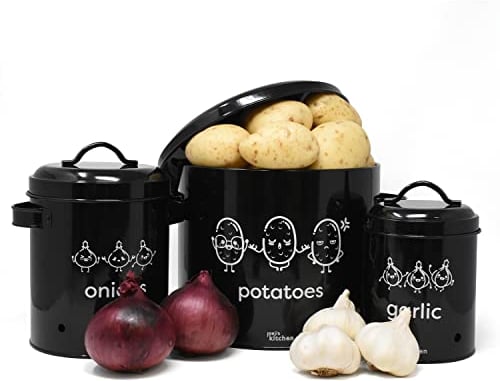 joeji's Kitchen Onion and Potato Storage Set of 3, Metal Food Bin Container Pots with Lid with 360° Air Circulation Keeps Vegetables Fresh Longer - Vegetable storage & Garlic storage Pot - Black