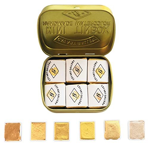 CSY art gallery Ensembles de peinture aquarelle métallisée – Lot de 6 demi-casseroles couleur or brillant à l'eau solide – Qualité artiste (Terre dorée)