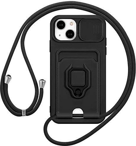 ZCDAYE iPhone 13 Handyhülle Handykette, Weiche TPU iPhone 13 Hülle mit Ring und Kartenhalter, iPhone 13 Case Schutzhülle für iPhone 13(6.1 inches), Schwarz