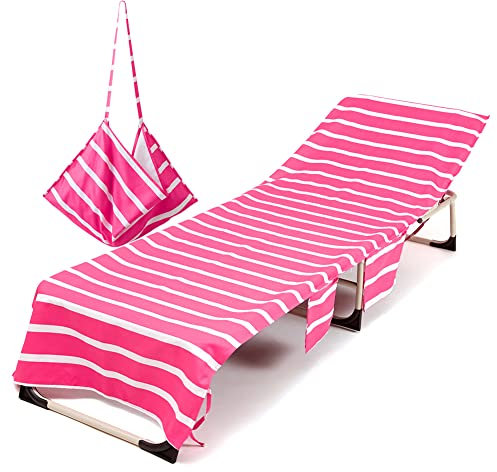 Morbuy Beach Chair Cover, Solid color Striped Beach Lounger Bags with Pockets Sunbed Towels Fitted Microfiber Sun Lounger Towels for Summer Outdoor Pool Vacation Travel (pink)