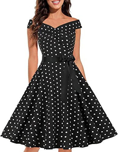 Générique Femme Robe Cocktail Soirée Vintage rétro année 1950 Audrey Hepburn pin-up Rockabilly Swing à Pois Manche Courte Chic et Elegante (B01 Noir, XL)