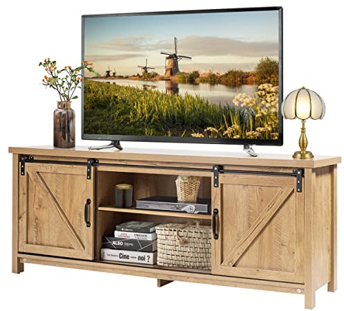 CASART Wooden TV Cabinet, 3 Tier TV Console Table with Sliding Barn Doors and Shelves, Rustic Media Entertainment Center for Living Room Bedroom Office (Natural Oak)