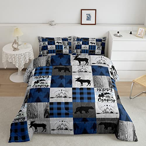 Happy Camping Bettwäsche 155x220 Camper Bettwäsche Set für Kinder Jungen Mädchen Bär Hirsch Elch Elch Druck Rustikaler Stil Vintage Bettdecke Gitter Patchwork Retro Wildtier Steppdecke 2 Kissenbezüge