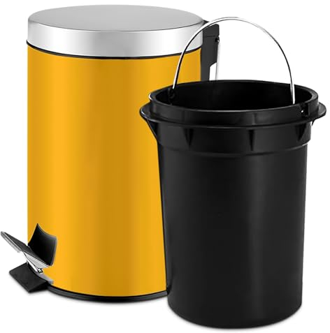 TIENDA EURASIA - Papelera de Baño con Pedal, Papelera Oficina con Cubo Extraible, Papelera Escritorio Fabricada en Acero Inoxidable, Papelera de 3l, Cubo de Basura de ø17 x 25 cm (Amarillo)