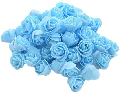 XIZHI Lot de 100 Mini Roses artificielles en Mousse Rouge de 3,5 cm pour Loisirs créatifs, Accessoires de fête, décoration d'intérieur et fête prénatale (Bleu Ciel)