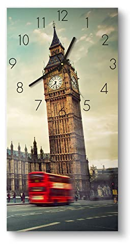 DEQORI Glasuhr | horizontal 30x60 cm | Motiv Rasende Busse vor Big Ben | große XXL Design Uhr aus Glas | leise Wanduhr für Wohnzimmer & Küche | Moderne Hingucker Uhr für die Wand