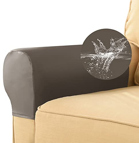 Treer 2 Stück PU-Leder Elastische Sofa Armlehnenbezüge Couch Armlehnenschoner, Wasserfest rutschfest Stretch Sesselbezug Sesselschoner Armkappen für Stühle Sofas Sessel Möbelschutz (Hellbraun)